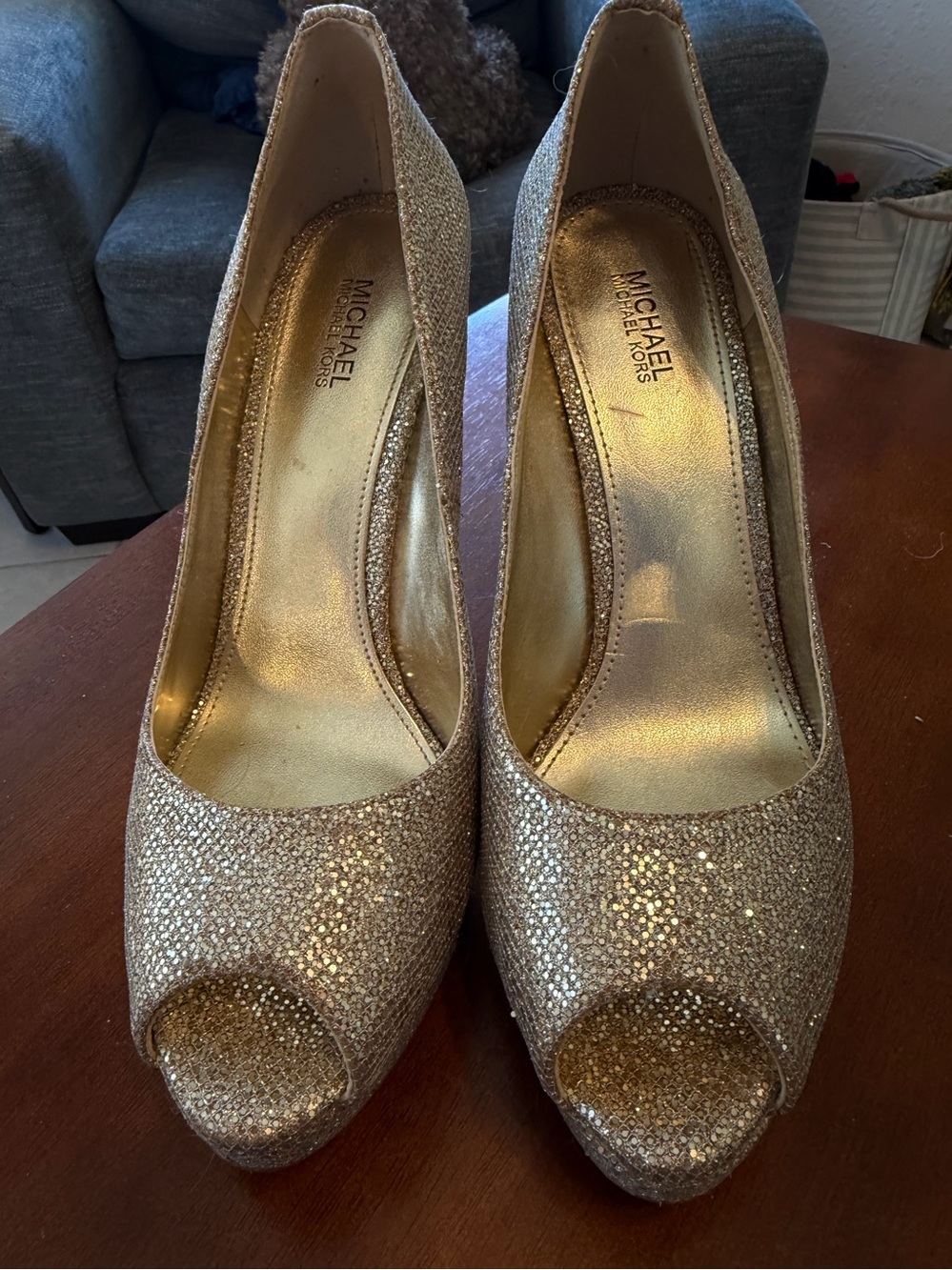 Festival Maximalist Mob Wife Formal Michael kors gold glitter Peep stilleto pump